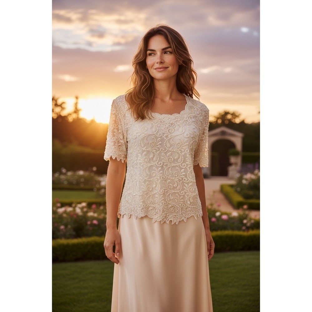 VTG "Brilliante by J.A."Beaded Lace Top Cream XL Mother of the Bride Formal READ